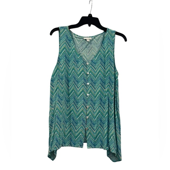 Women’s J. Jill Chevron Patterned Blue/Green Button Down Tank: L (Petite) - Picture 1 of 6